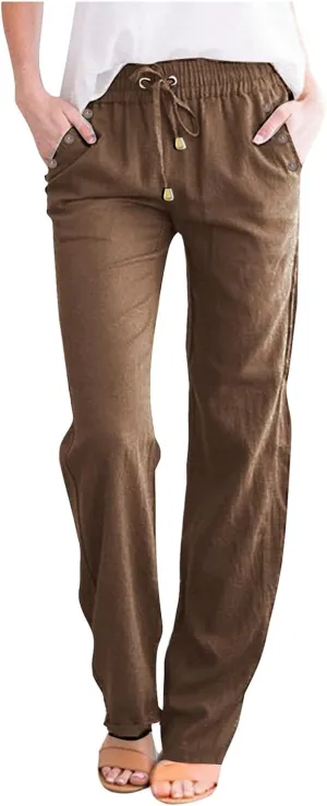 Plus Size Womens Pants Linen Drawstring Casual Summer Pants Woman Relax Fit Comfortable Beach Trousers with Pockets