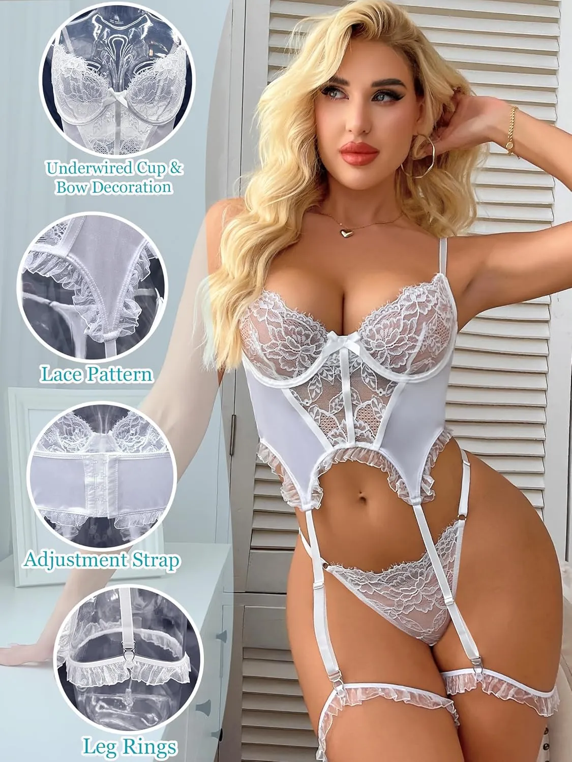 popiv Sexy Lingerie for Women Lace Womens Bodysuit Corset Teddy Satin Lingerie 3 Piece with Garter Belt