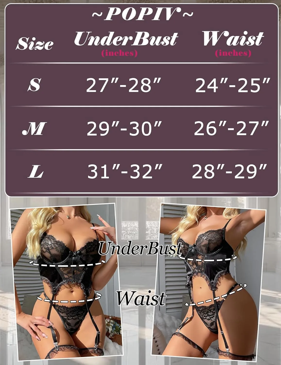 popiv Sexy Lingerie for Women Lace Womens Bodysuit Corset Teddy Satin Lingerie 3 Piece with Garter Belt