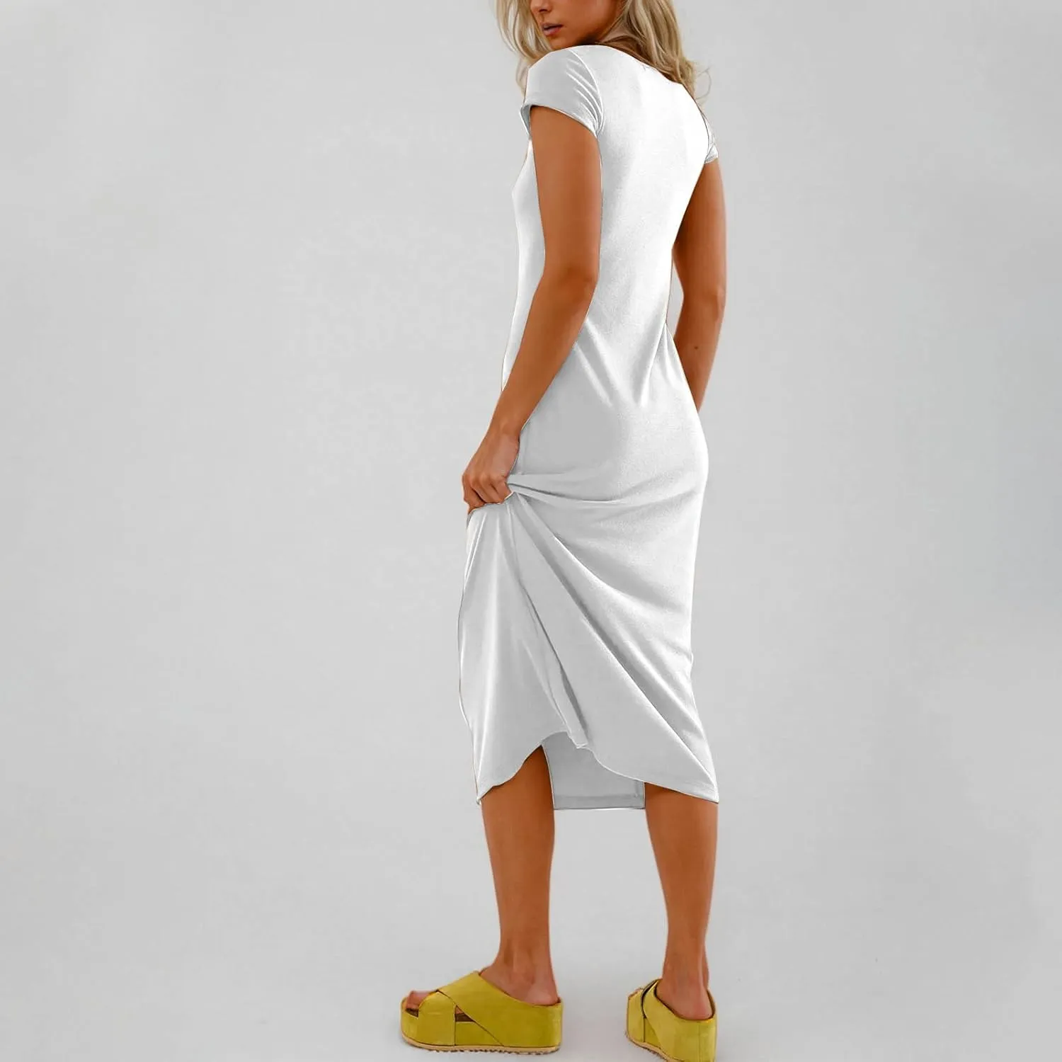 QIGUAND Women Soft Comfy Fitted Midi Dress Summer Short Sleeve Crewneck T Shirt Dresses Casual Basic Loungewear Nightdress