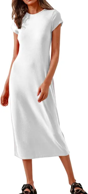 QIGUAND Women Soft Comfy Fitted Midi Dress Summer Short Sleeve Crewneck T Shirt Dresses Casual Basic Loungewear Nightdress