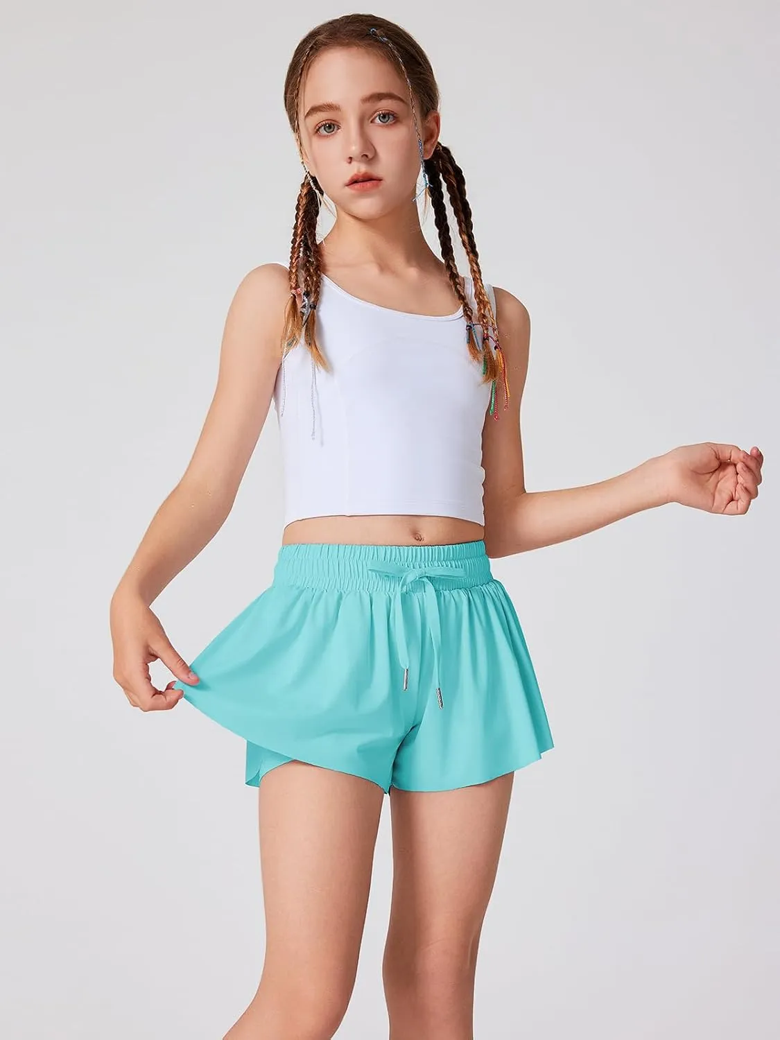 Quedoris Girls' Active Shorts Butterfly Flowy 2 in 1 Shorts Quick-Dring Athletic Shorts with Pockets