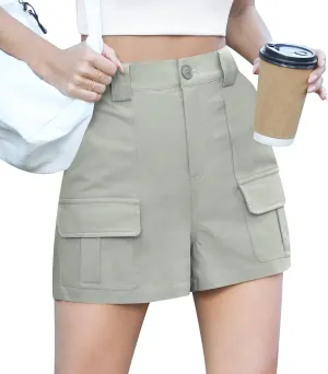 QUEZHU Women's High Waist Cargo Shorts 2024 Comfortable Traveling Shorts and Vintage Wide Leg Elastic Cotton Shorts