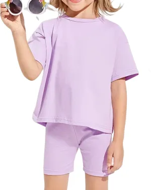 ROMPERINBOX Toddler Summer Outfits for Girls Solid Crewneck Top T-Shirt & Biker Shorts Set 2 Piece Tracksuit Size 2-7 Years