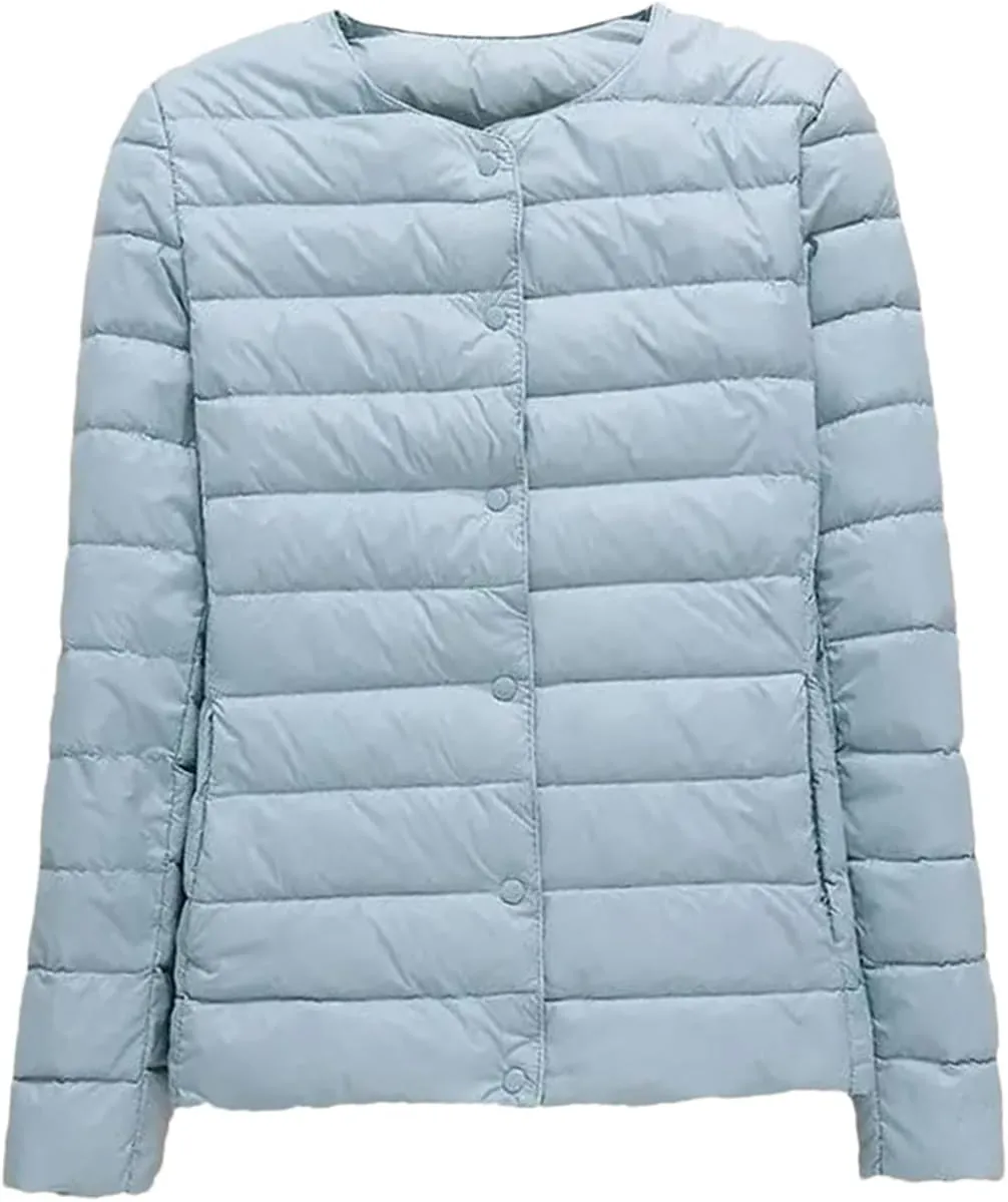 SaoBiiu Women Winter Coat Ultra Light Ollarless Down Jackets Portable Crew Neck Puffer Jackets