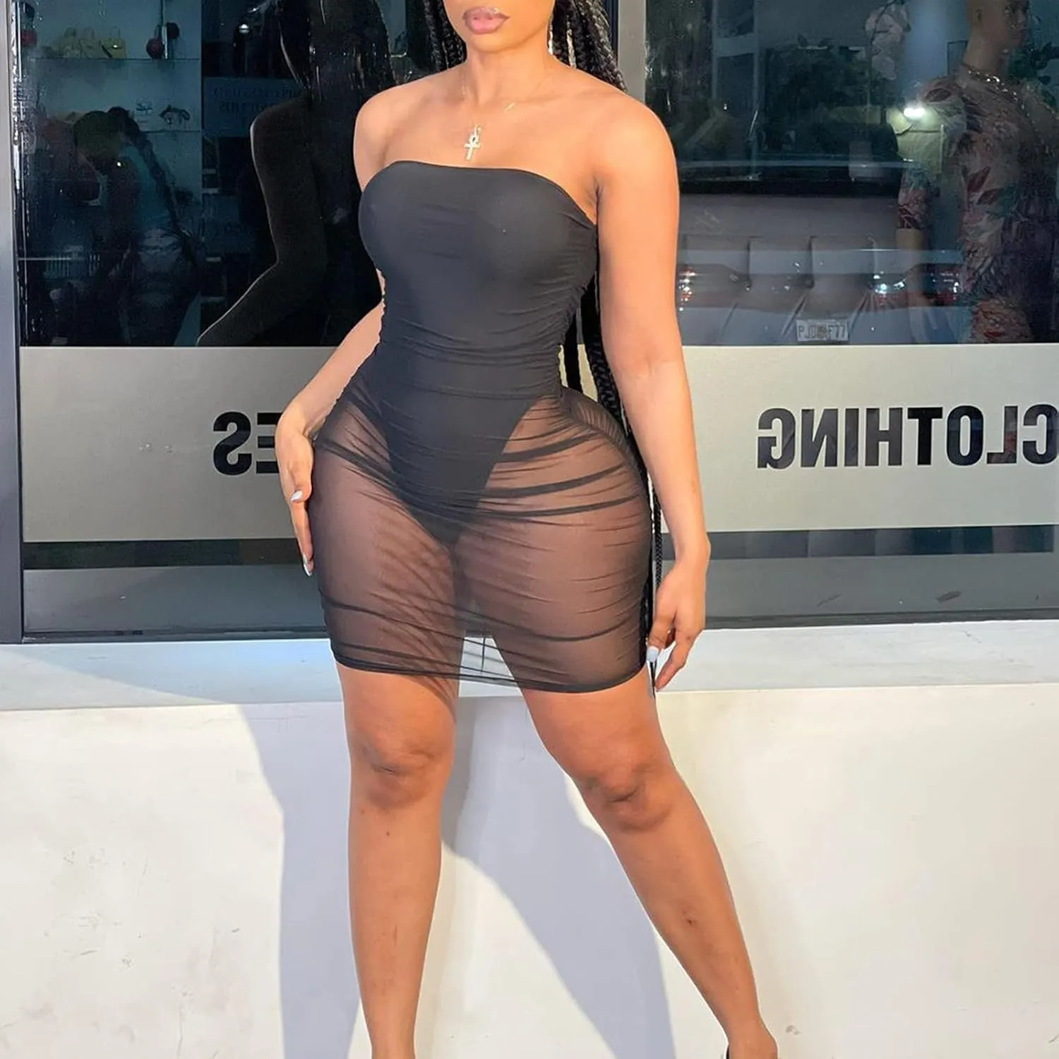 Sexy Strapless See Through Mesh Corset Top and Mini Bandage Skirt 2 Pieces Sets
