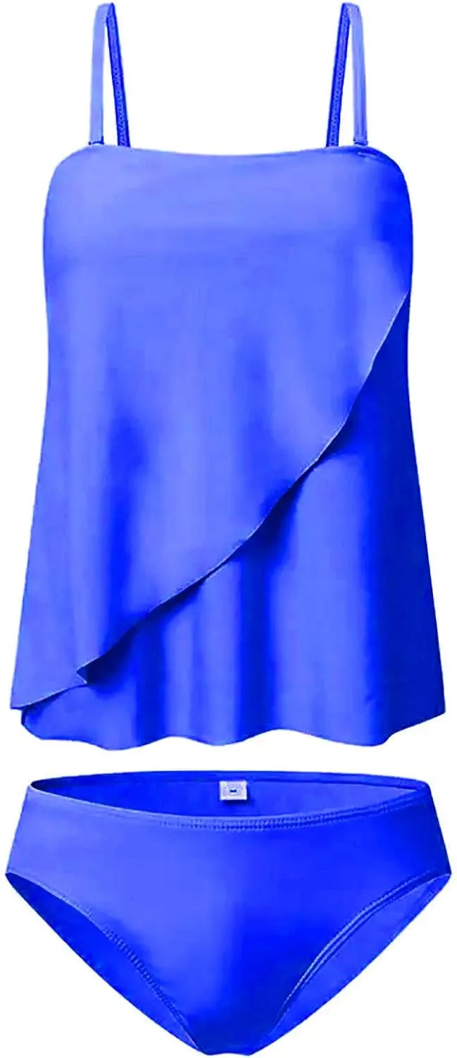 Strapless Tankini Tops for Women Bandeau Top Swimwear Bathing Suit Two Piece Blouson Swimsuit with Triangles