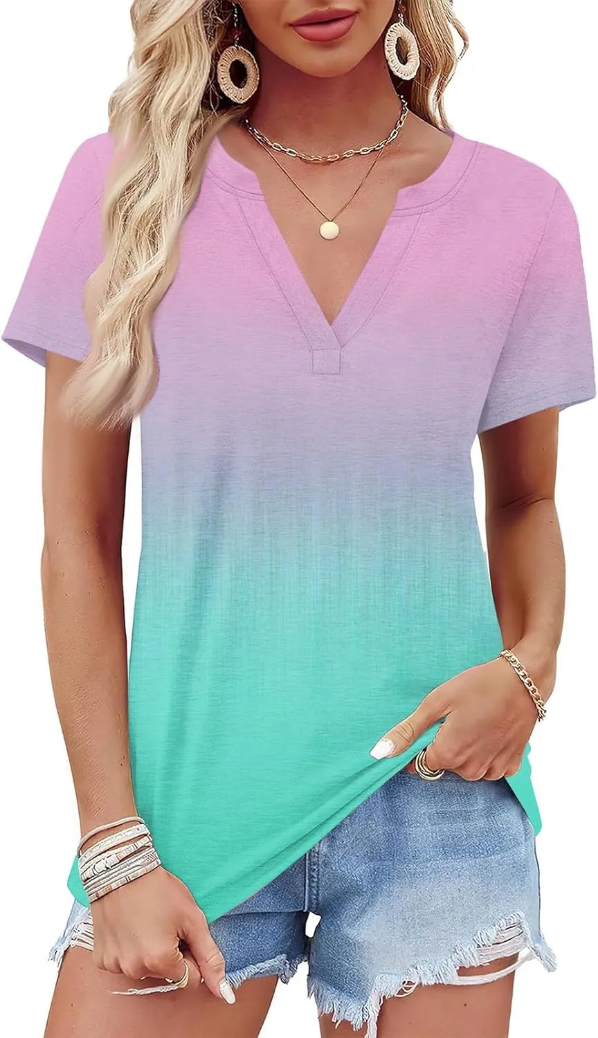 Summer Outfits for Women Trendy Tops 2025 Short Sleeve Shirt Casual V Neck Tunic Blouses Outfits