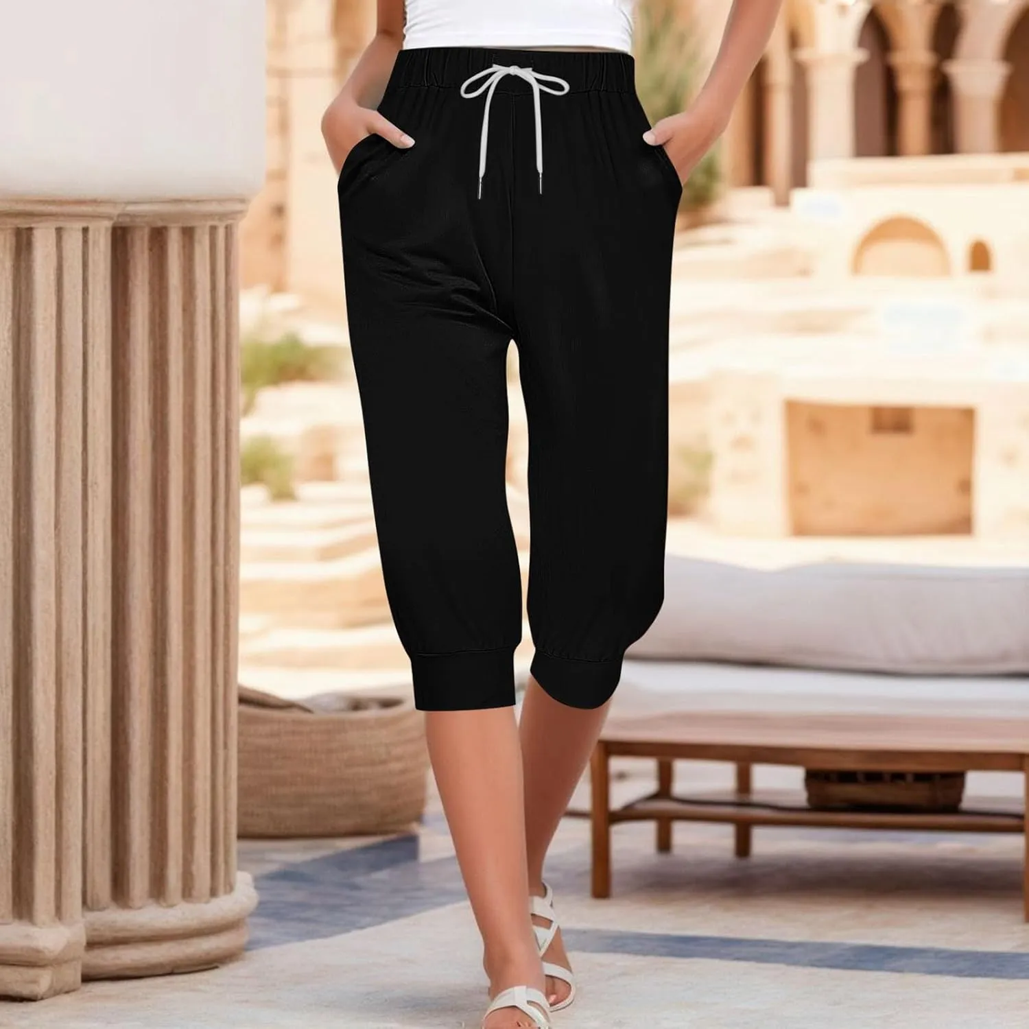 Sweatpants Capris for Women Baggy Drawstring Joggers Lightweight Cinch Bottoms Workout Athletic Sports Lounge Pants