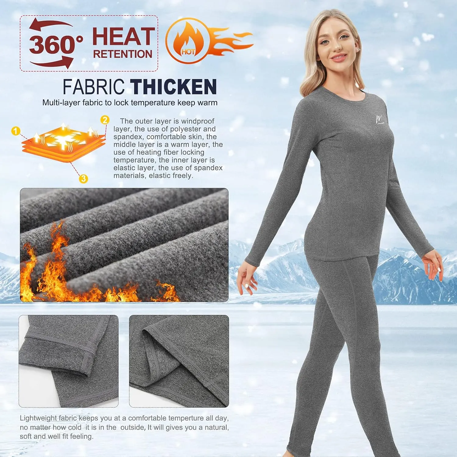 Thermal Underwear for Women, Winter Warm Base Layer Compression Set, Fleece Lined Long Johns Running Skiing