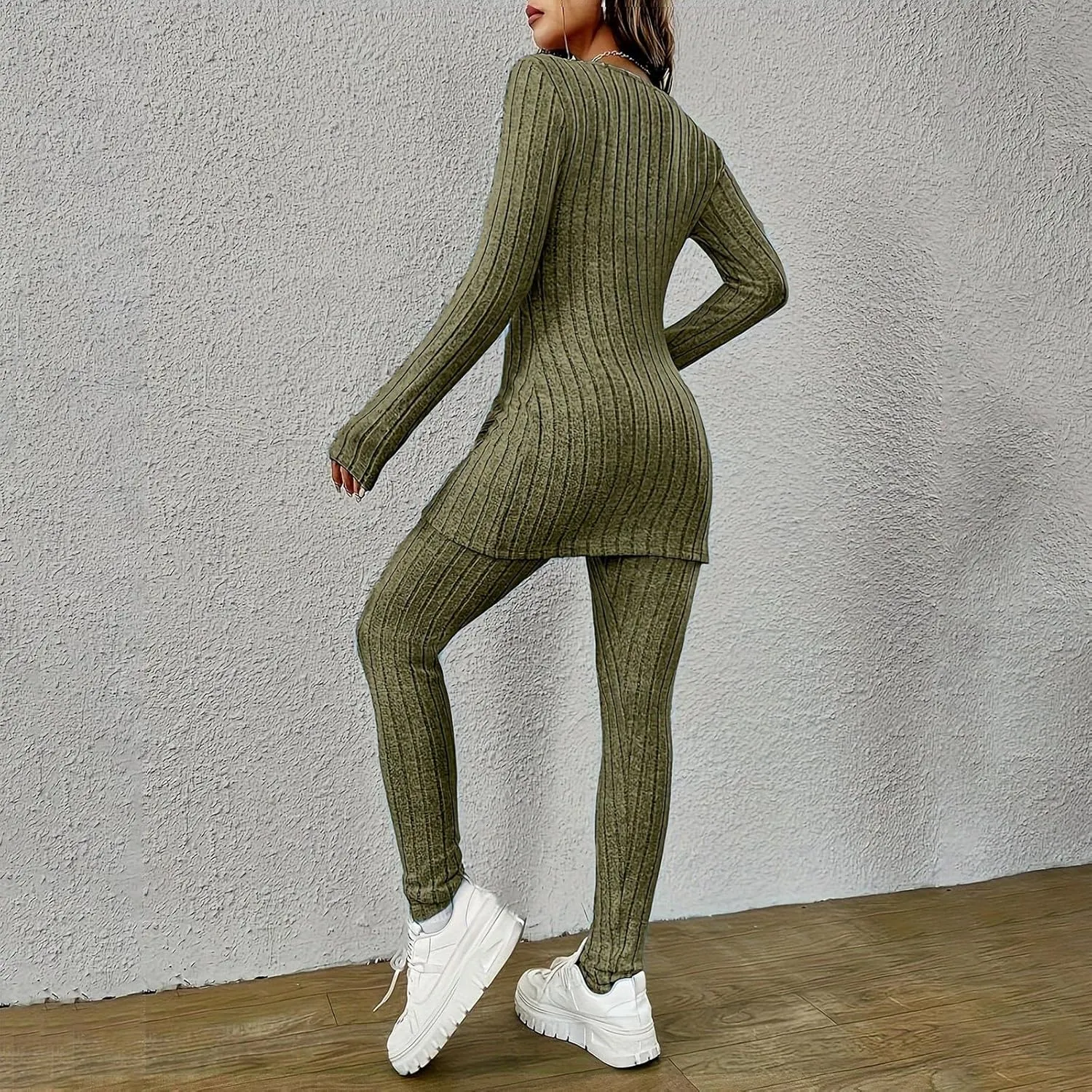 Two Piece Sets for Women,2025 Spring Trendy Ribbed Knit Lounge Set V Neck Slit Long Sleeve Tops & Pants Loungewear