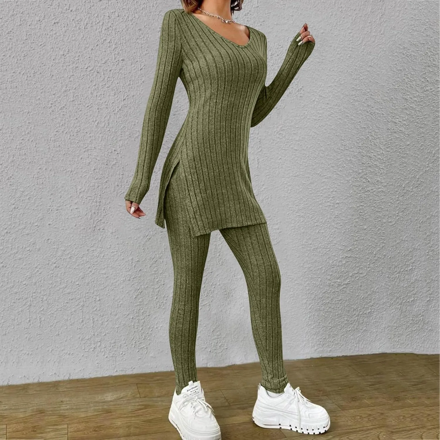 Two Piece Sets for Women,2025 Spring Trendy Ribbed Knit Lounge Set V Neck Slit Long Sleeve Tops & Pants Loungewear