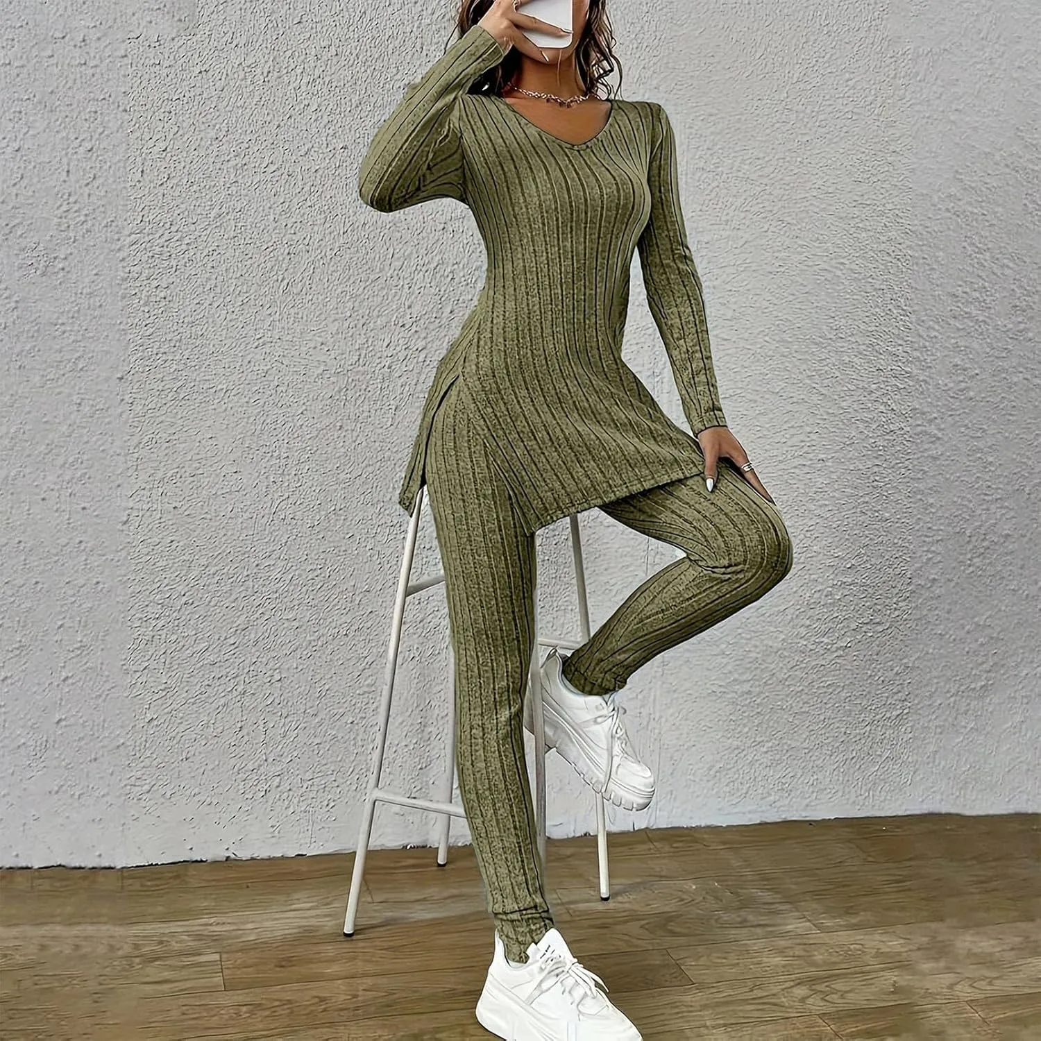 Two Piece Sets for Women,2025 Spring Trendy Ribbed Knit Lounge Set V Neck Slit Long Sleeve Tops & Pants Loungewear