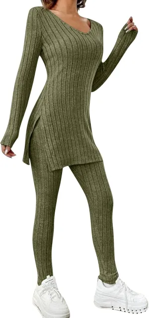 Two Piece Sets for Women,2025 Spring Trendy Ribbed Knit Lounge Set V Neck Slit Long Sleeve Tops & Pants Loungewear