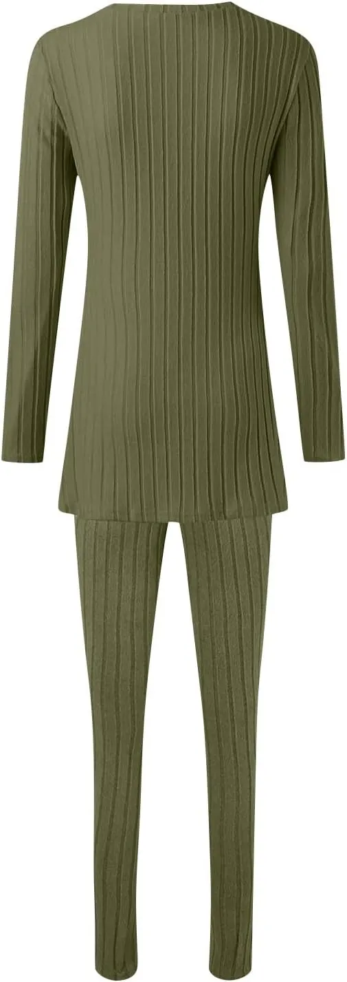 Two Piece Sets for Women,2025 Spring Trendy Ribbed Knit Lounge Set V Neck Slit Long Sleeve Tops & Pants Loungewear