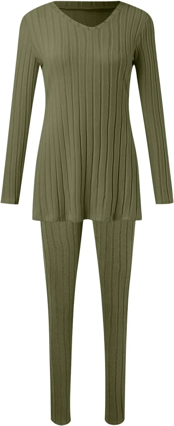 Two Piece Sets for Women,2025 Spring Trendy Ribbed Knit Lounge Set V Neck Slit Long Sleeve Tops & Pants Loungewear