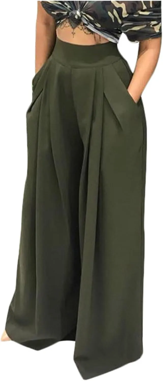 Uillui Palazzo Pants for Women Loose Baggy Wide Leg Pants High Waist Pleated Flowy Straight Trousers Casual Loungewear Pants