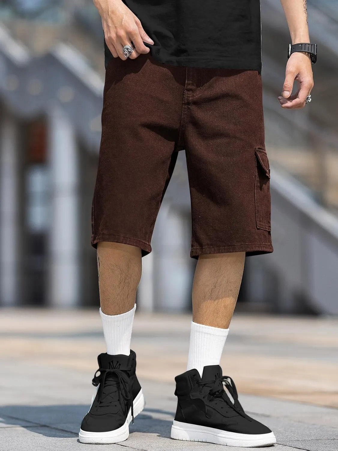Verdusa Men's Straight Leg High Waist Denim Cargo Shorts with Pockets