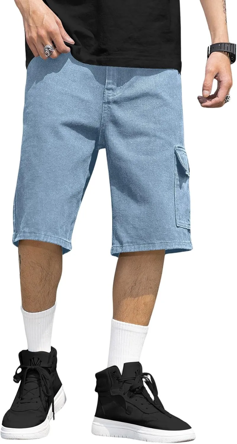Verdusa Men's Straight Leg High Waist Denim Cargo Shorts with Pockets