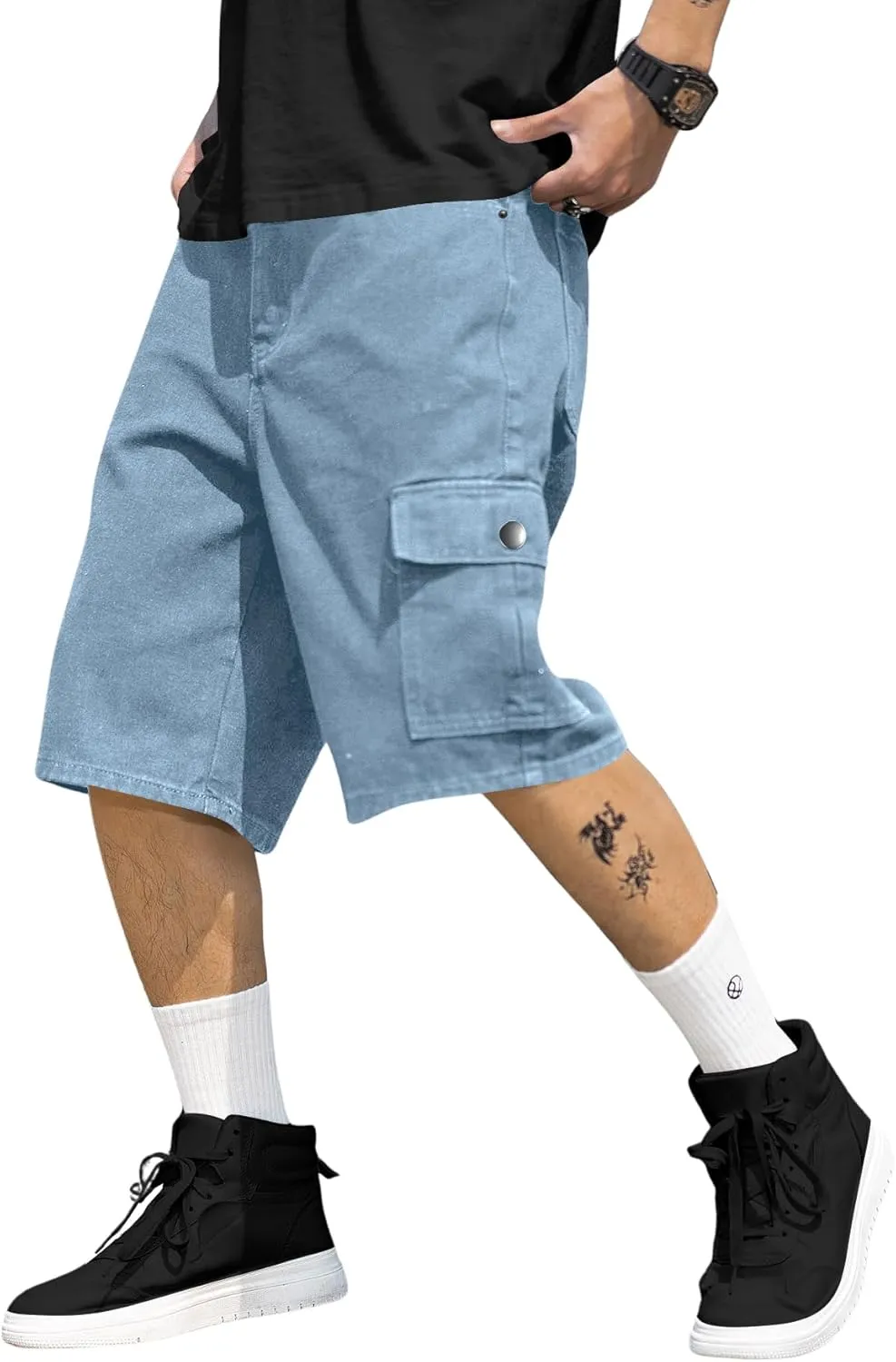 Verdusa Men's Straight Leg High Waist Denim Cargo Shorts with Pockets