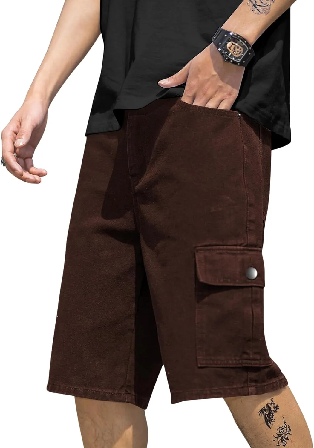 Verdusa Men's Straight Leg High Waist Denim Cargo Shorts with Pockets