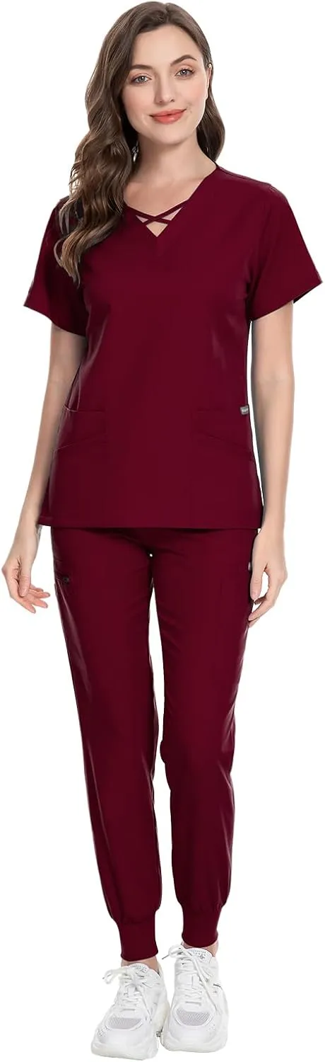 VIAOLI Scrubs for Women Set Modern V-Neck Top & 8 Pocket Jogger Pants Athletic Nursing Uniform Solid Stretch Workwear