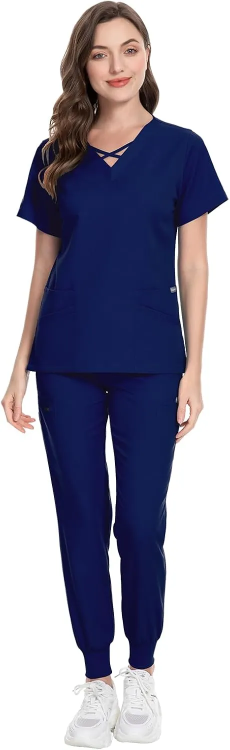 VIAOLI Scrubs for Women Set Modern V-Neck Top & 8 Pocket Jogger Pants Athletic Nursing Uniform Solid Stretch Workwear