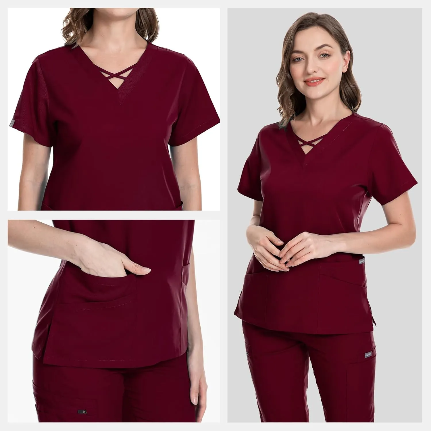 VIAOLI Scrubs for Women Set Modern V-Neck Top & 8 Pocket Jogger Pants Athletic Nursing Uniform Solid Stretch Workwear