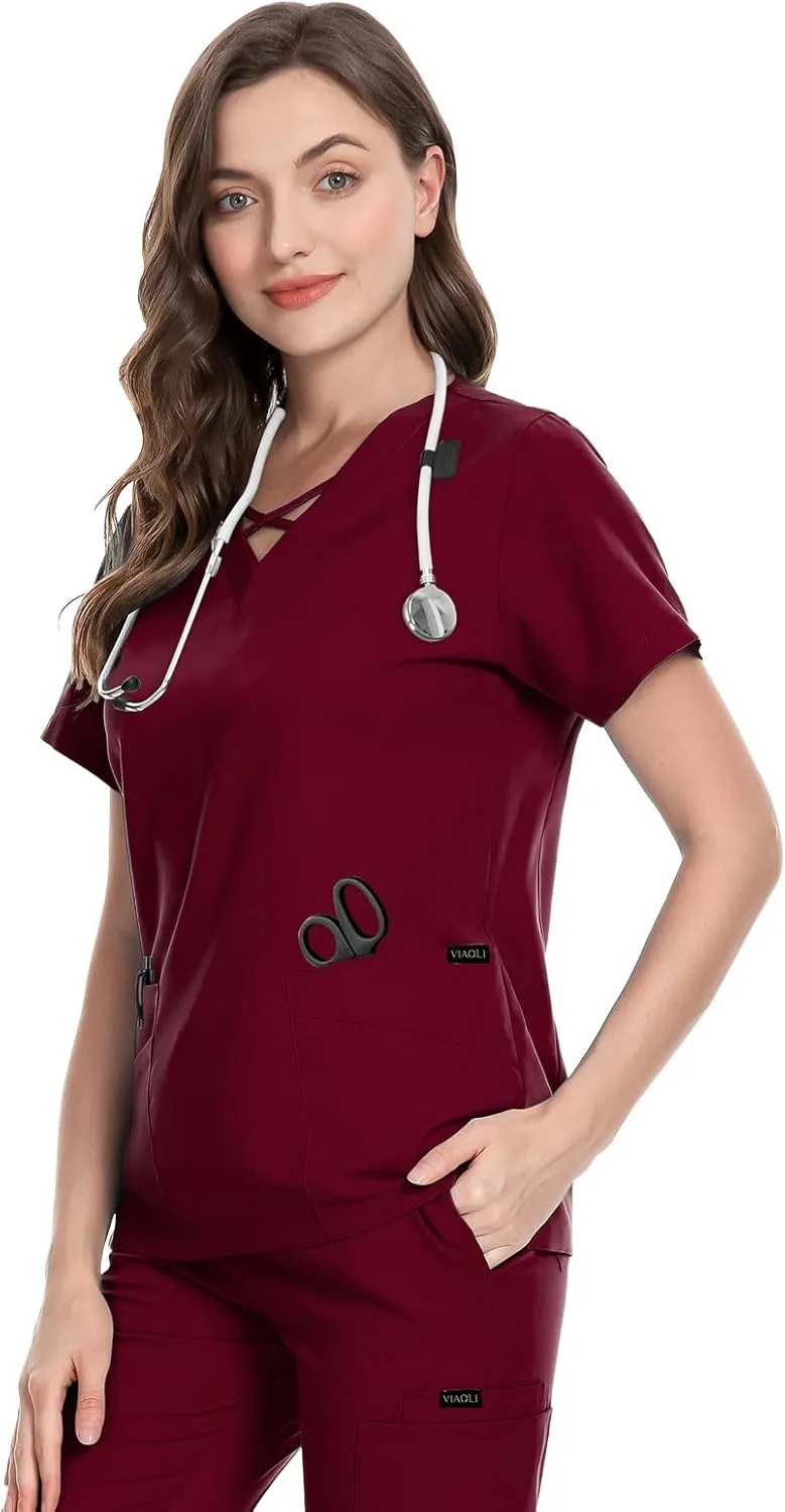 VIAOLI Scrubs for Women Set Modern V-Neck Top & 8 Pocket Jogger Pants Athletic Nursing Uniform Solid Stretch Workwear