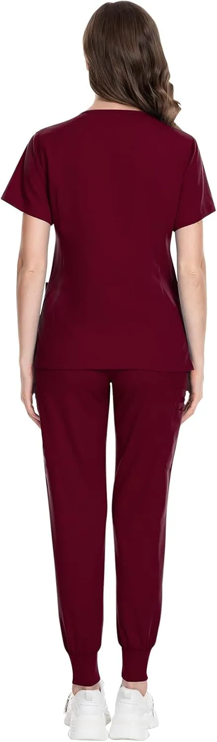 VIAOLI Scrubs for Women Set Modern V-Neck Top & 8 Pocket Jogger Pants Athletic Nursing Uniform Solid Stretch Workwear