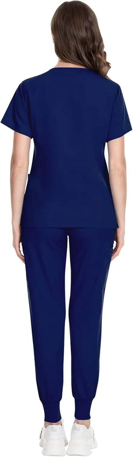 VIAOLI Scrubs for Women Set Modern V-Neck Top & 8 Pocket Jogger Pants Athletic Nursing Uniform Solid Stretch Workwear