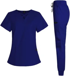 VIAOLI Scrubs for Women Set Modern V-Neck Top & 8 Pocket Jogger Pants Athletic Nursing Uniform Solid Stretch Workwear