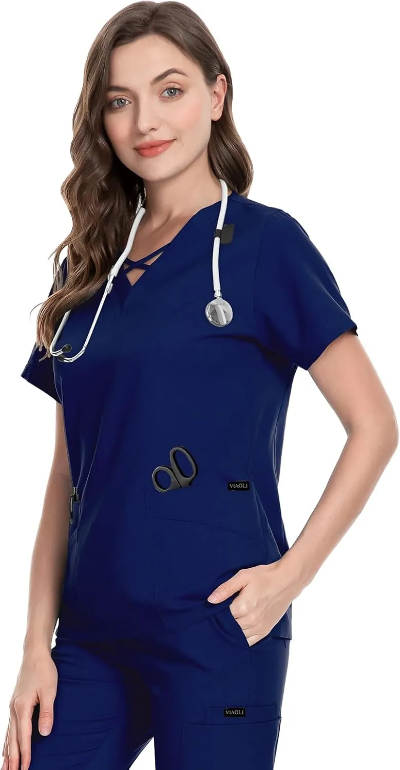 VIAOLI Scrubs for Women Set Modern V-Neck Top & 8 Pocket Jogger Pants Athletic Nursing Uniform Solid Stretch Workwear