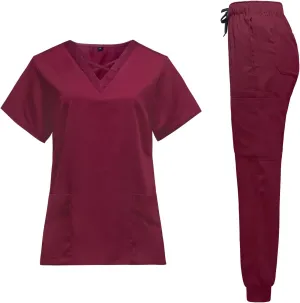 VIAOLI Scrubs for Women Set Modern V-Neck Top & 8 Pocket Jogger Pants Athletic Nursing Uniform Solid Stretch Workwear