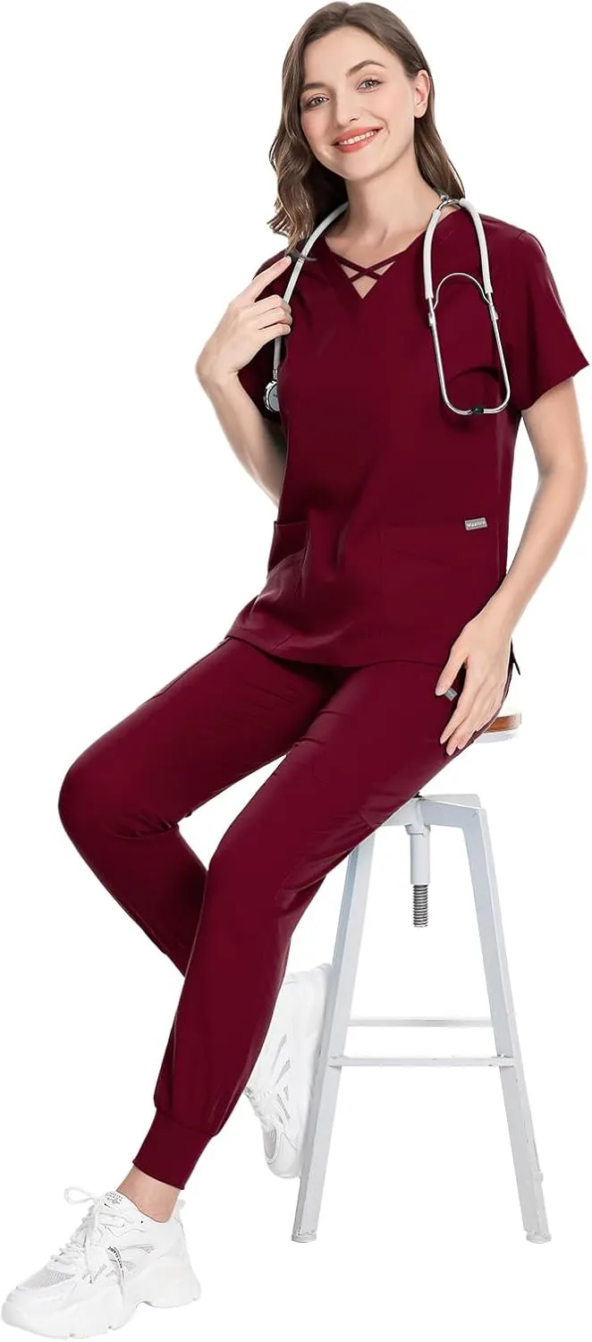 VIAOLI Scrubs for Women Set Modern V-Neck Top & 8 Pocket Jogger Pants Athletic Nursing Uniform Solid Stretch Workwear