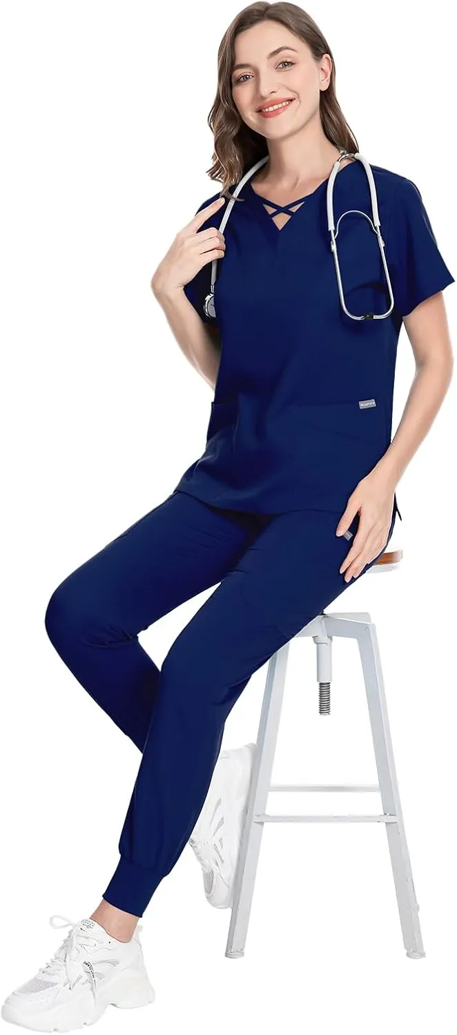VIAOLI Scrubs for Women Set Modern V-Neck Top & 8 Pocket Jogger Pants Athletic Nursing Uniform Solid Stretch Workwear