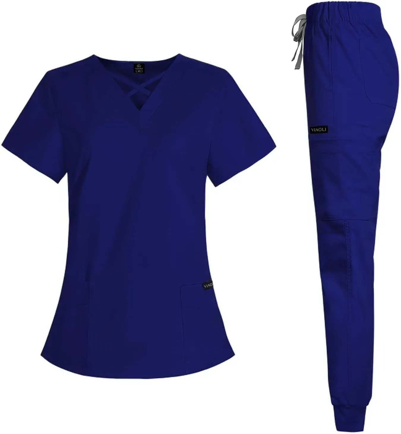 VIAOLI Scrubs for Women Set Modern V-Neck Top & 8 Pocket Jogger Pants Athletic Nursing Uniform Solid Stretch Workwear