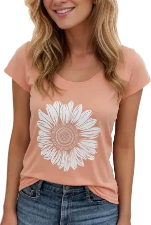 Vibrant Floral Graphic T-Shirt Women's Short Sleeve Crewneck Casual Summer Tops Beach Holiday Outfit‌