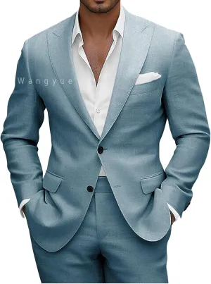 Wangyue Men Linen Suits 2 Piece Linen Suit for Beach Wedding Summer Suits Slim Fit Casual Groomsmen Linen Suits Sets