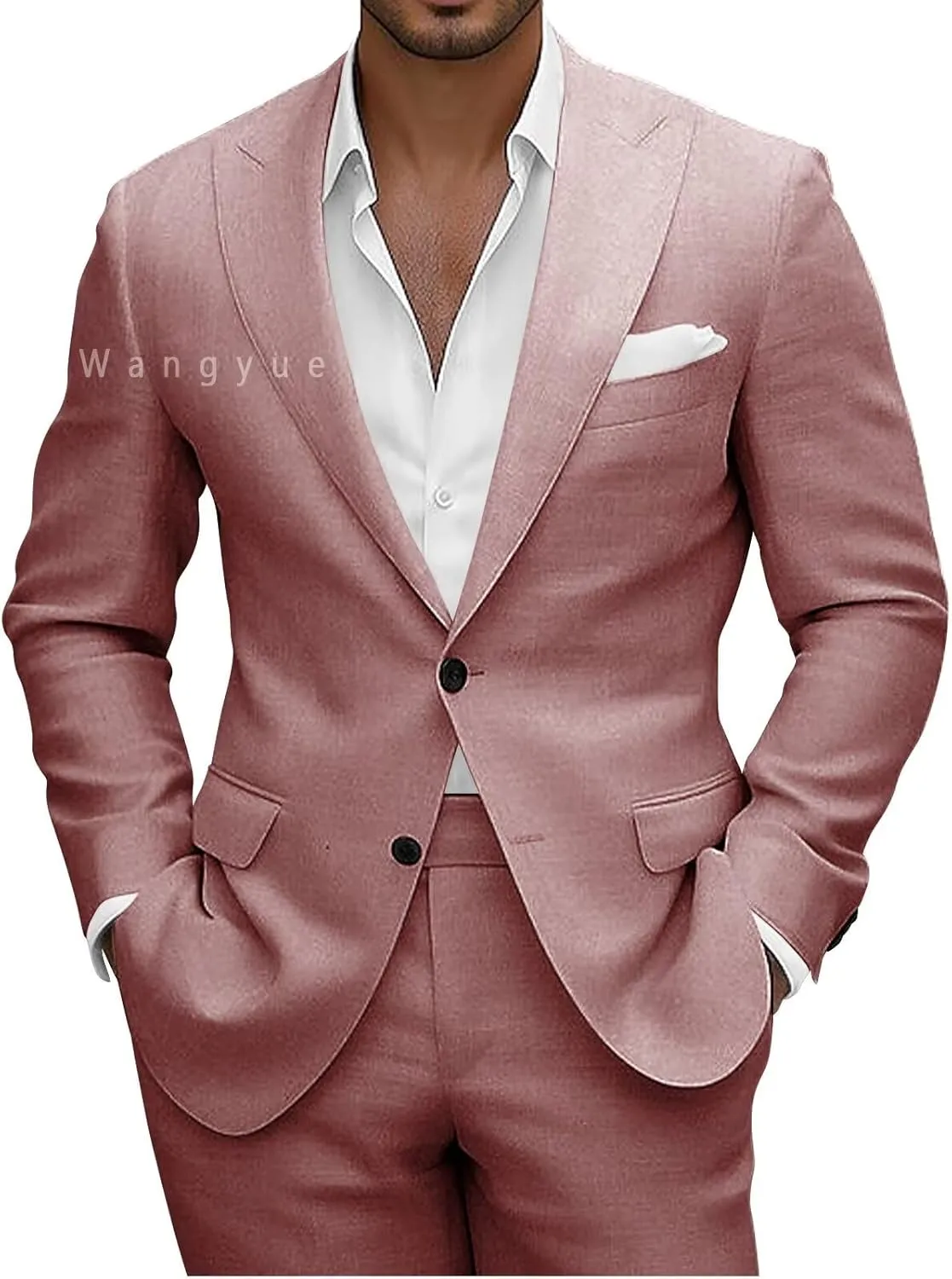 Wangyue Men Linen Suits 2 Piece Linen Suit for Beach Wedding Summer Suits Slim Fit Casual Groomsmen Linen Suits Sets