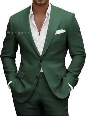 Wangyue Men Linen Suits 2 Piece Linen Suit for Beach Wedding Summer Suits Slim Fit Casual Groomsmen Linen Suits Sets