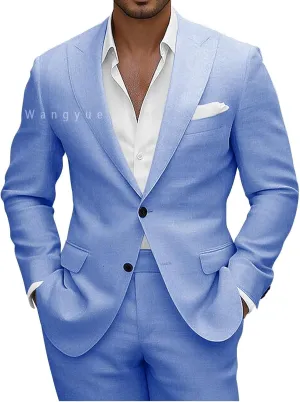 Wangyue Men Linen Suits 2 Piece Linen Suit for Beach Wedding Summer Suits Slim Fit Casual Groomsmen Linen Suits Sets