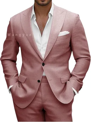Wangyue Men Linen Suits 2 Piece Linen Suit for Beach Wedding Summer Suits Slim Fit Casual Groomsmen Linen Suits Sets