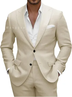 Wangyue Men Linen Suits 2 Piece Linen Suit for Beach Wedding Summer Suits Slim Fit Casual Groomsmen Linen Suits Sets
