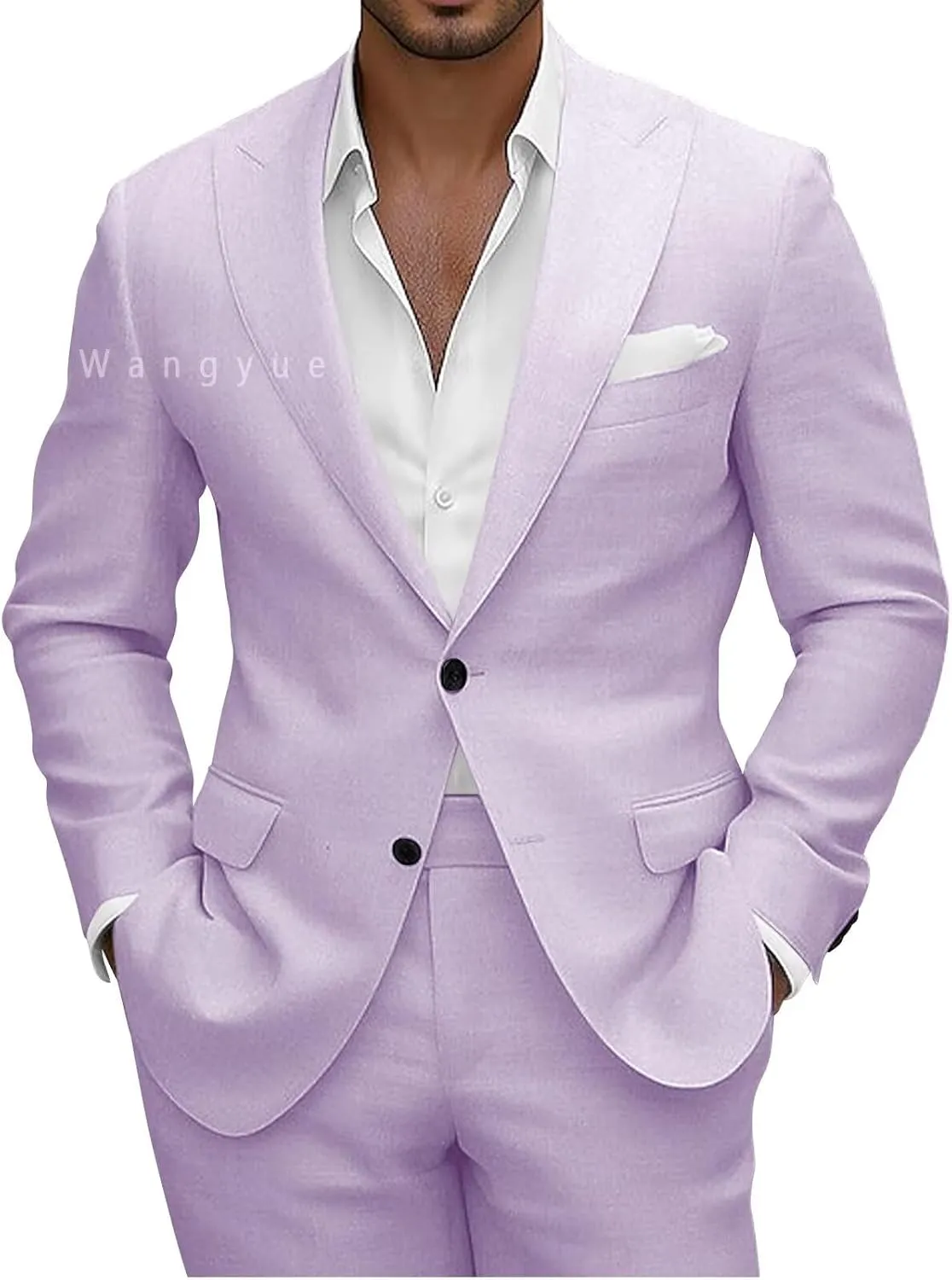 Wangyue Men Linen Suits 2 Piece Linen Suit for Beach Wedding Summer Suits Slim Fit Casual Groomsmen Linen Suits Sets