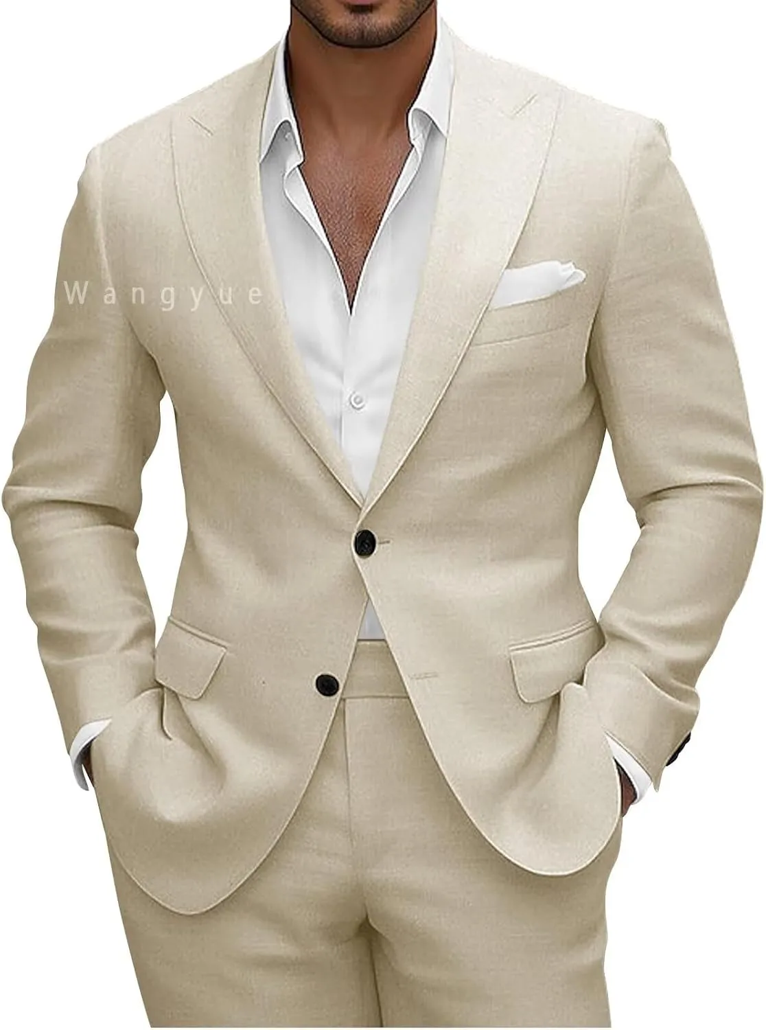 Wangyue Men Linen Suits 2 Piece Linen Suit for Beach Wedding Summer Suits Slim Fit Casual Groomsmen Linen Suits Sets