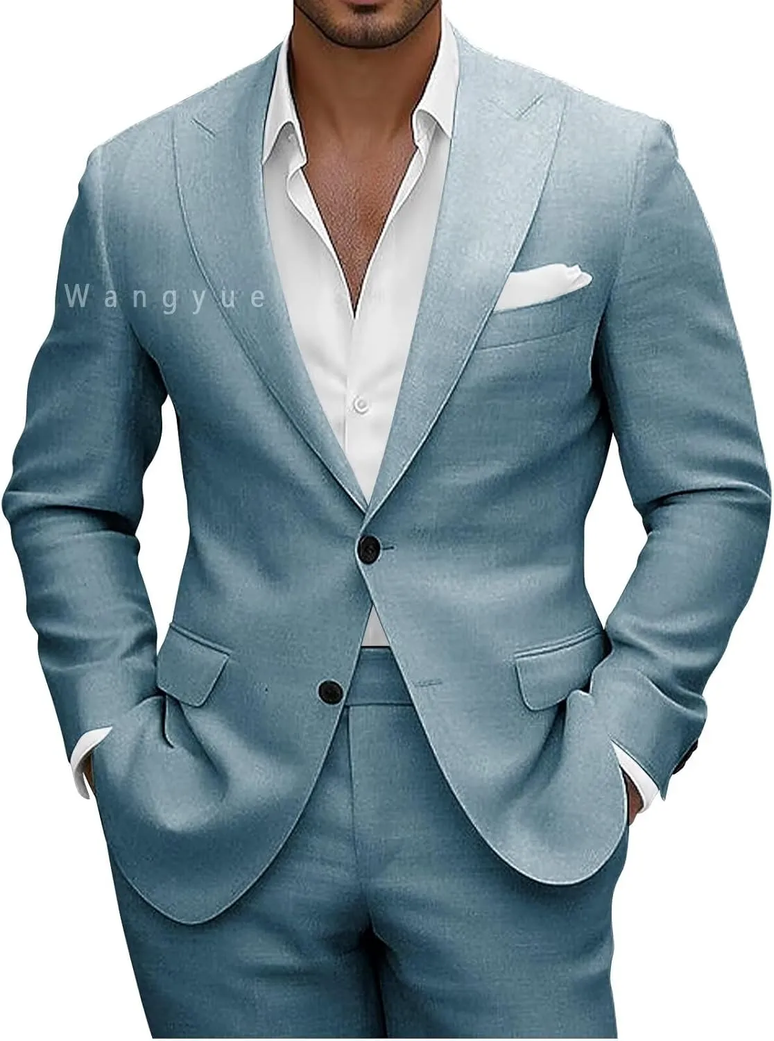 Wangyue Men Linen Suits 2 Piece Linen Suit for Beach Wedding Summer Suits Slim Fit Casual Groomsmen Linen Suits Sets