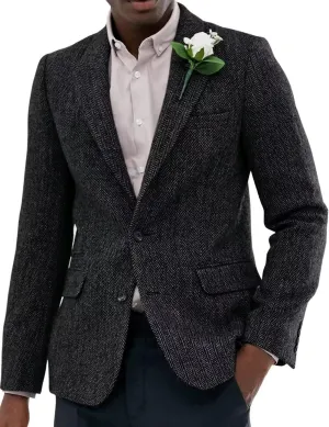 Wangyue Men's Tweed Herringbone 3 Piece Suits Formal Regular Fit Wedding Groom Suits