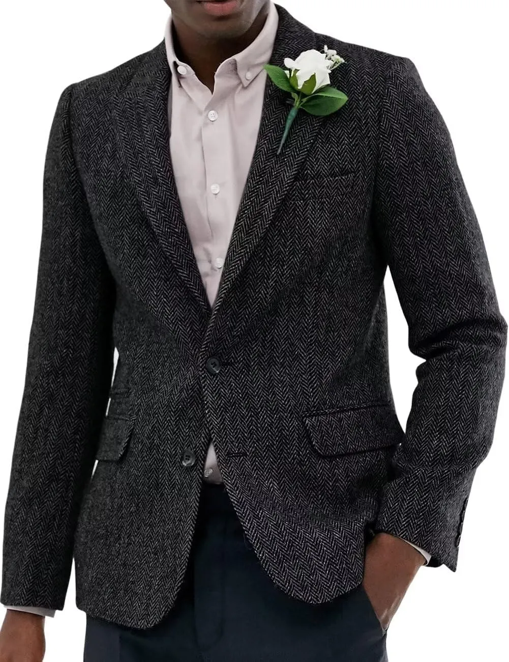Wangyue Men's Tweed Herringbone 3 Piece Suits Formal Regular Fit Wedding Groom Suits