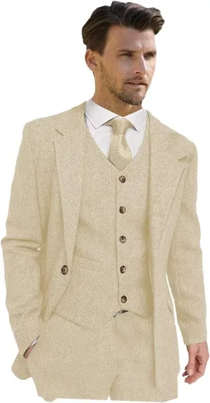 Wangyue Men's Tweed Herringbone 3 Piece Suits Formal Regular Fit Wedding Groom Suits
